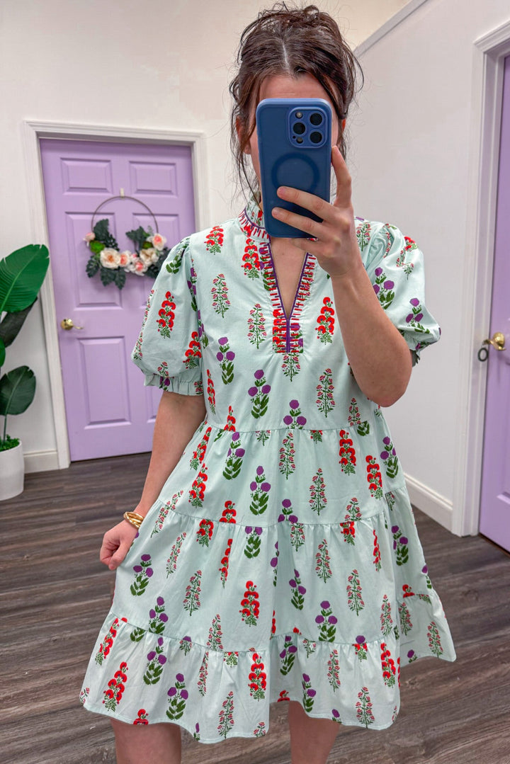 Women's light mint poplin dress with purple and red florals and embroidery trim