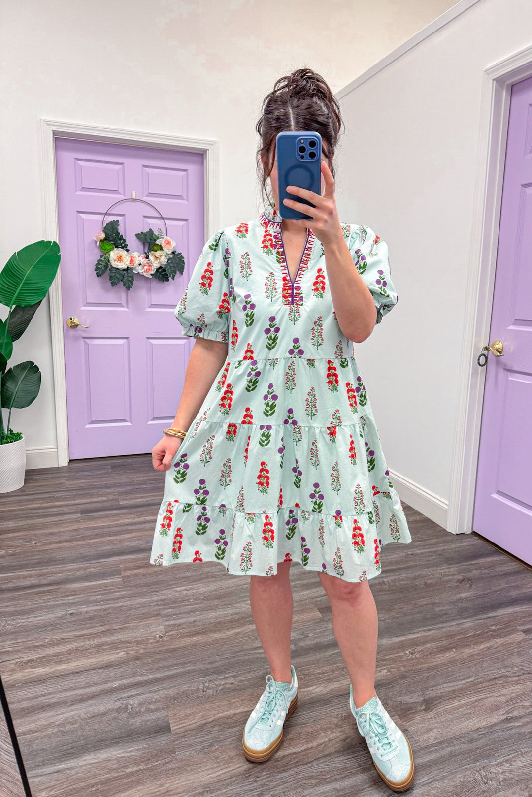 Women's light mint poplin dress with purple and red florals and embroidery trim, perfect for all ages