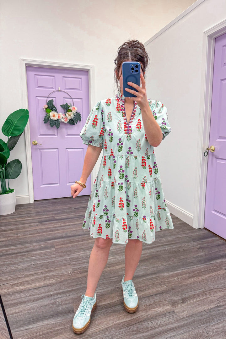 Women's light mint poplin dress with purple and red florals and embroidery trim, great for Easter