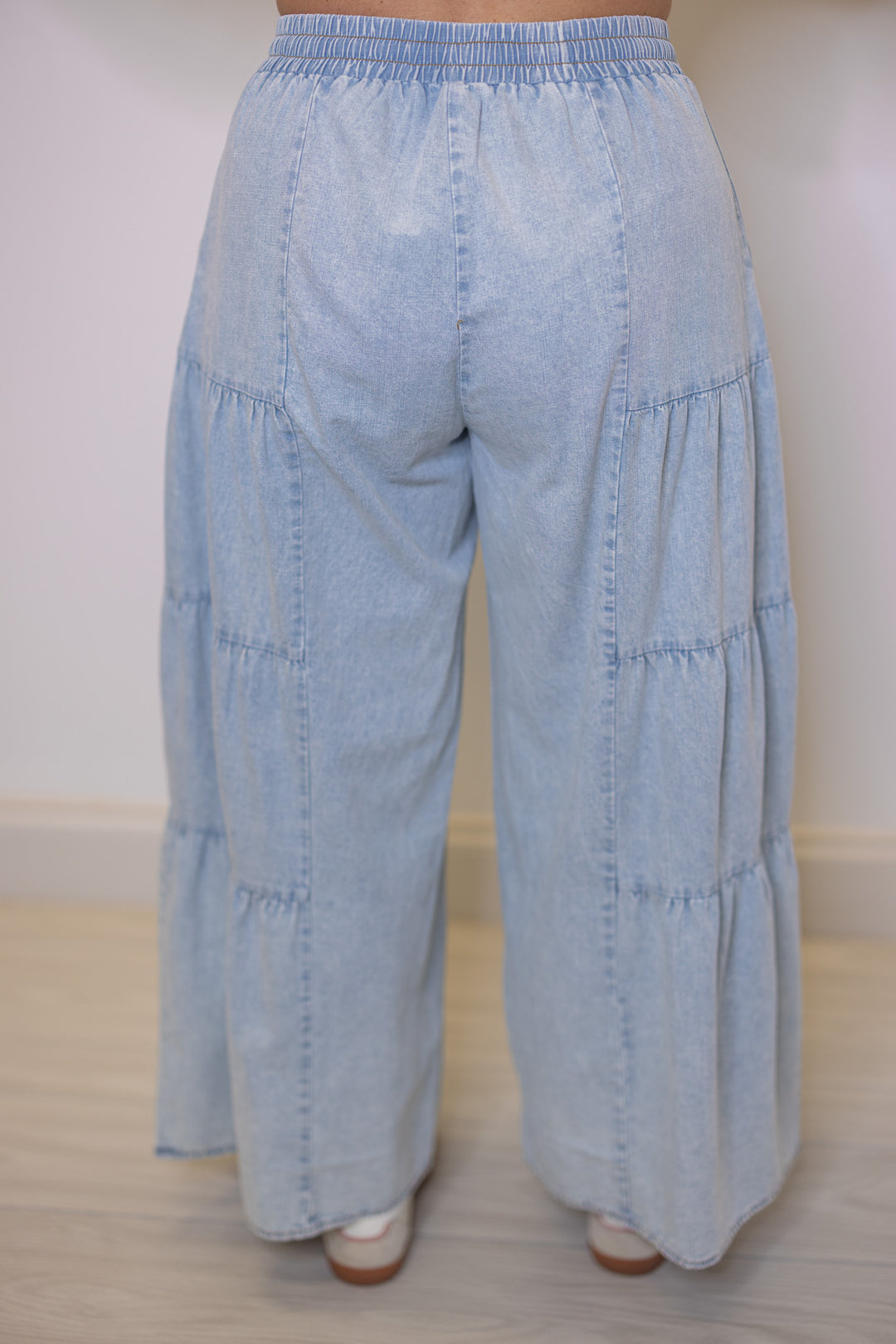 Women's light blue washed chambray denim wide leg pants with elastic waistband