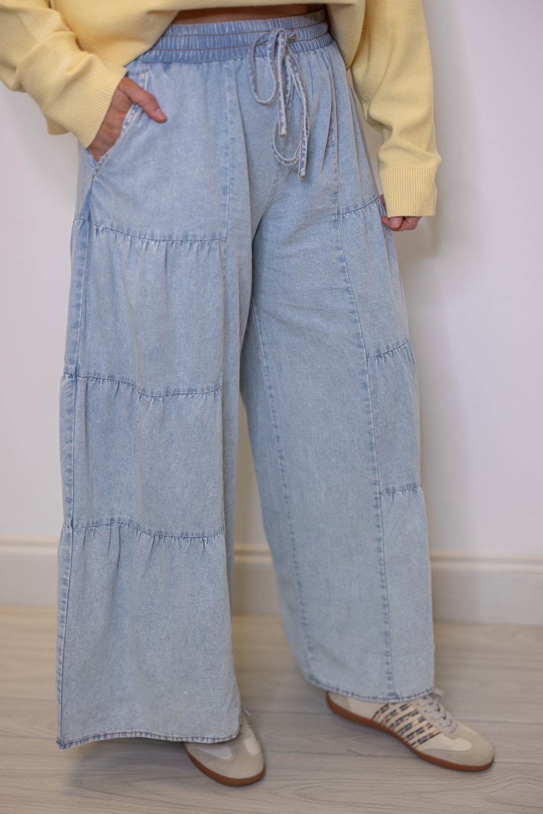 Women's light blue washed chambray denim wide leg pants with side pockets