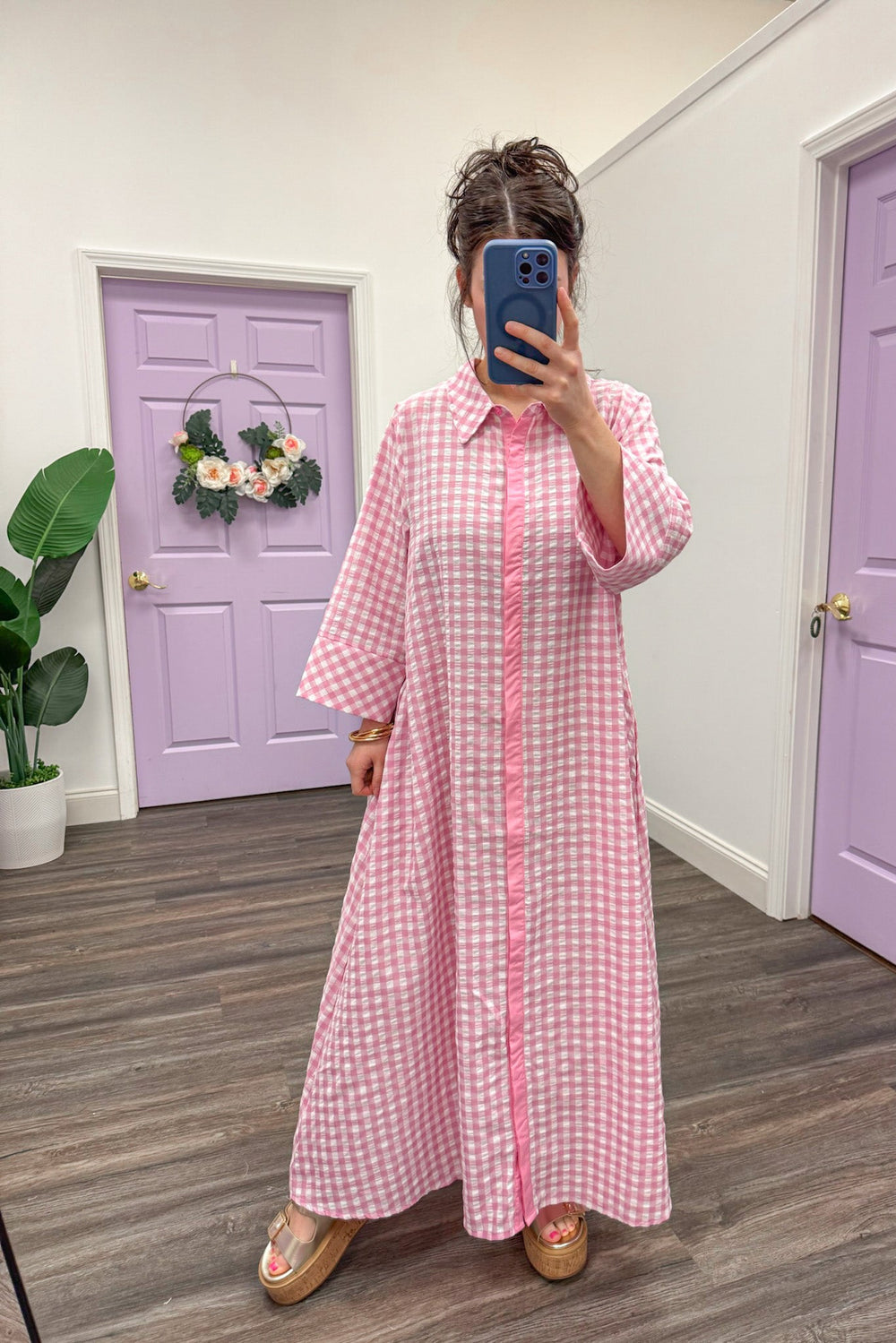 Women's pink and white gingham midi dress with hidden button front by Entro