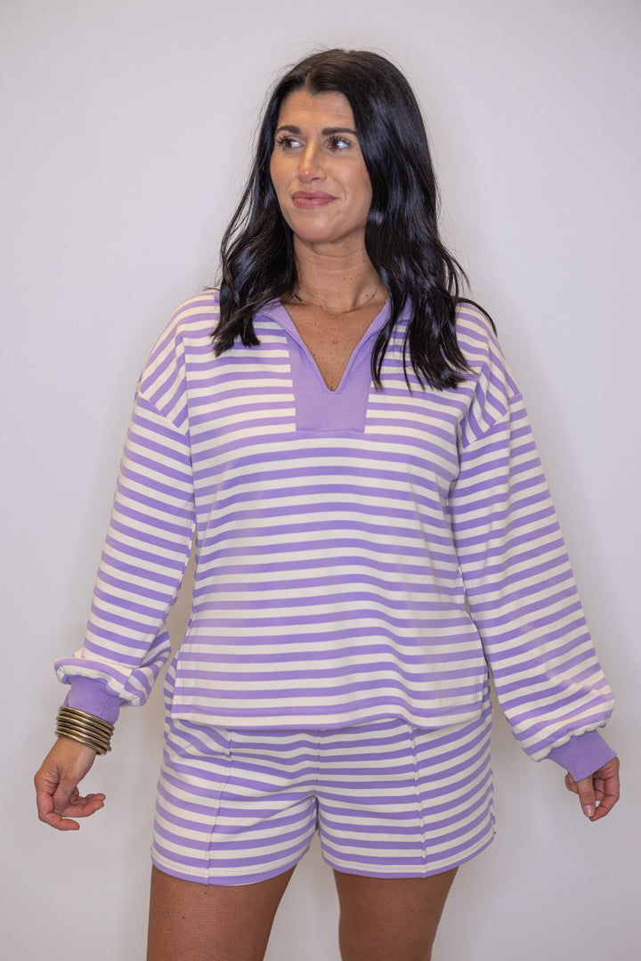 Women's ribbed knit shorts in lavender and cream stripes by Entro shown with matching top