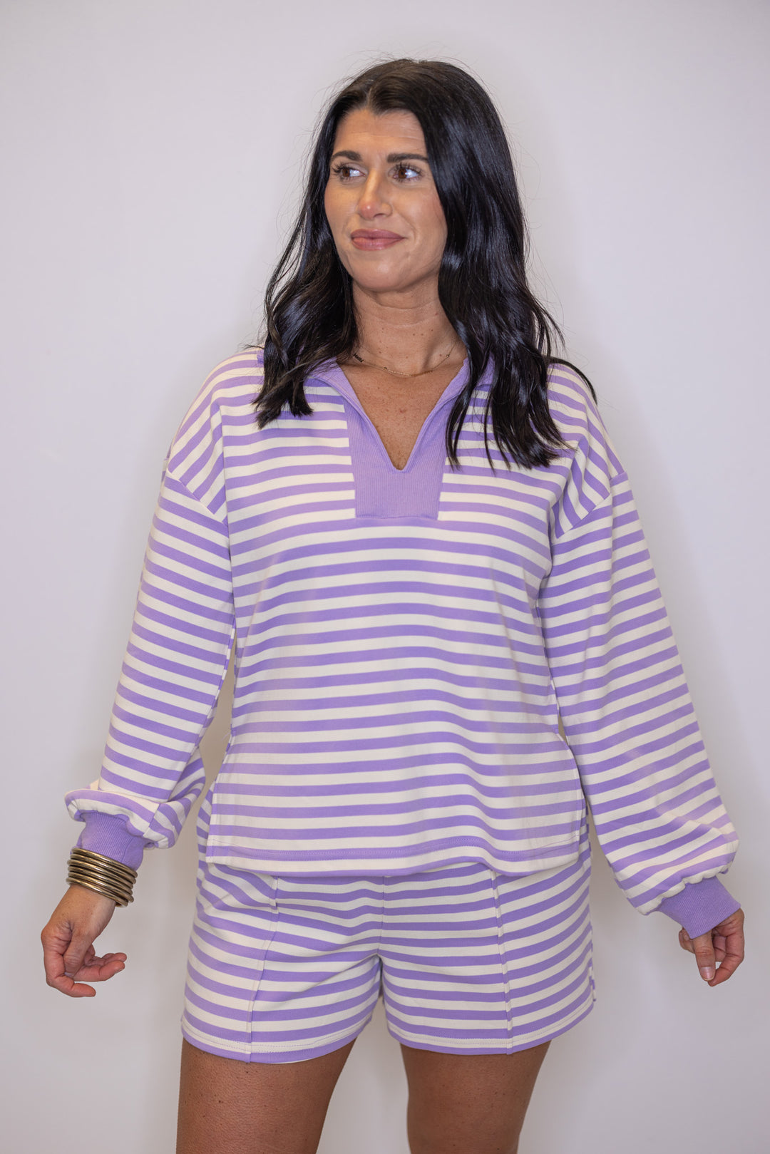 Women's ribbed knit top in lavender and cream stripes by Entro