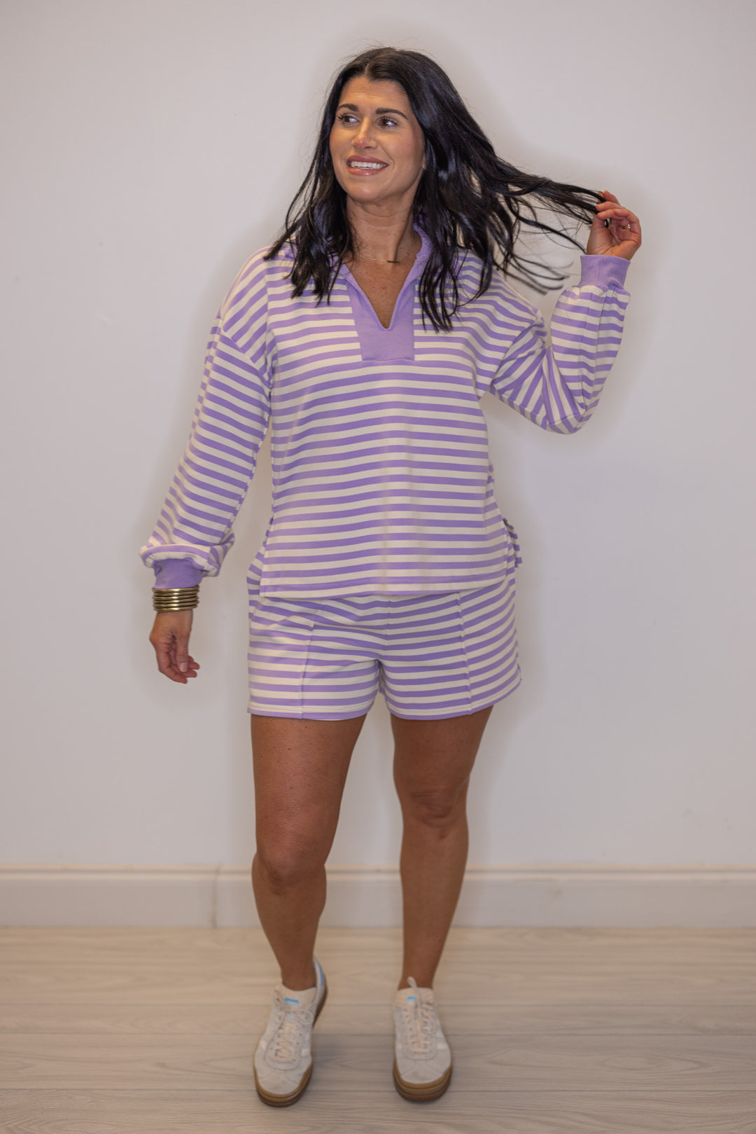 Women's collared ribbed knit top in lavender and cream stripes by Entro