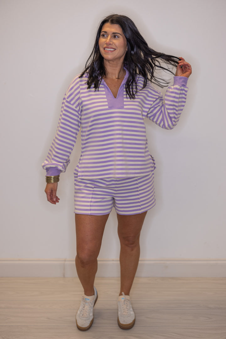 Women's collared ribbed knit top in lavender and cream stripes by Entro