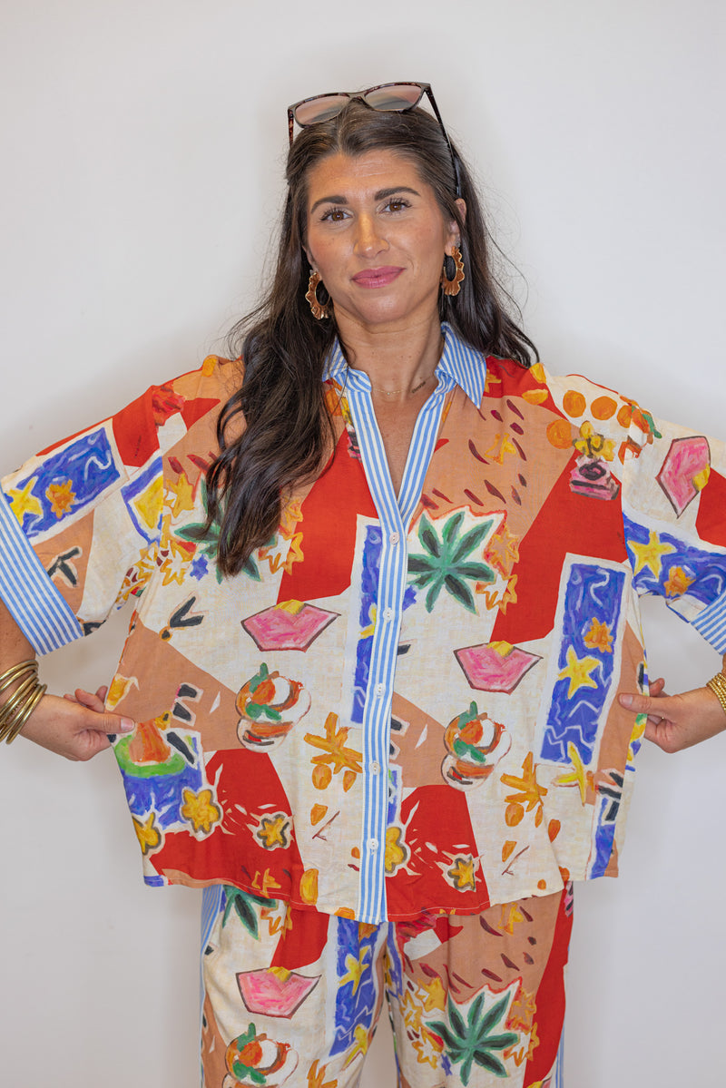tropical resort printed button up top
