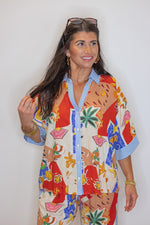 tropical resort printed button up top