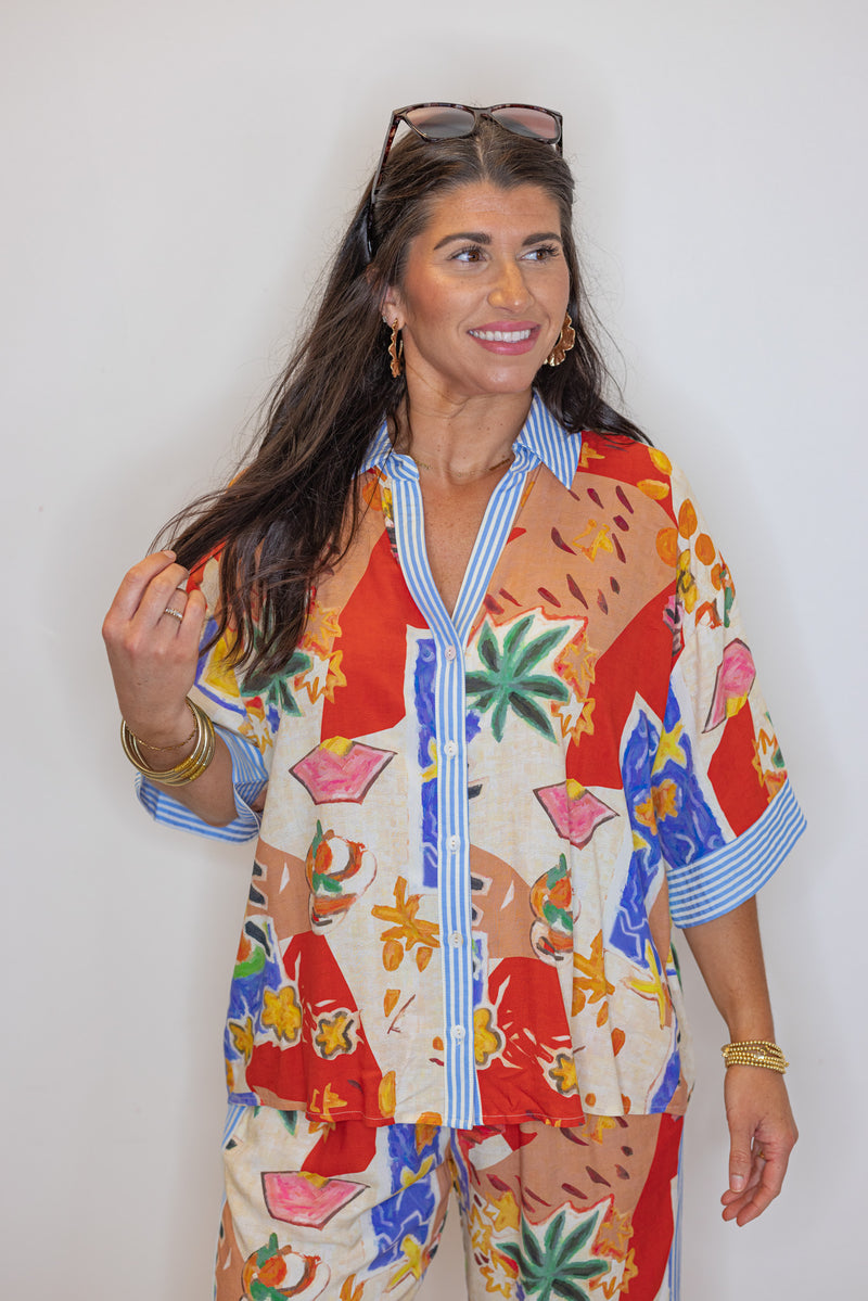 tropical resort printed button up top