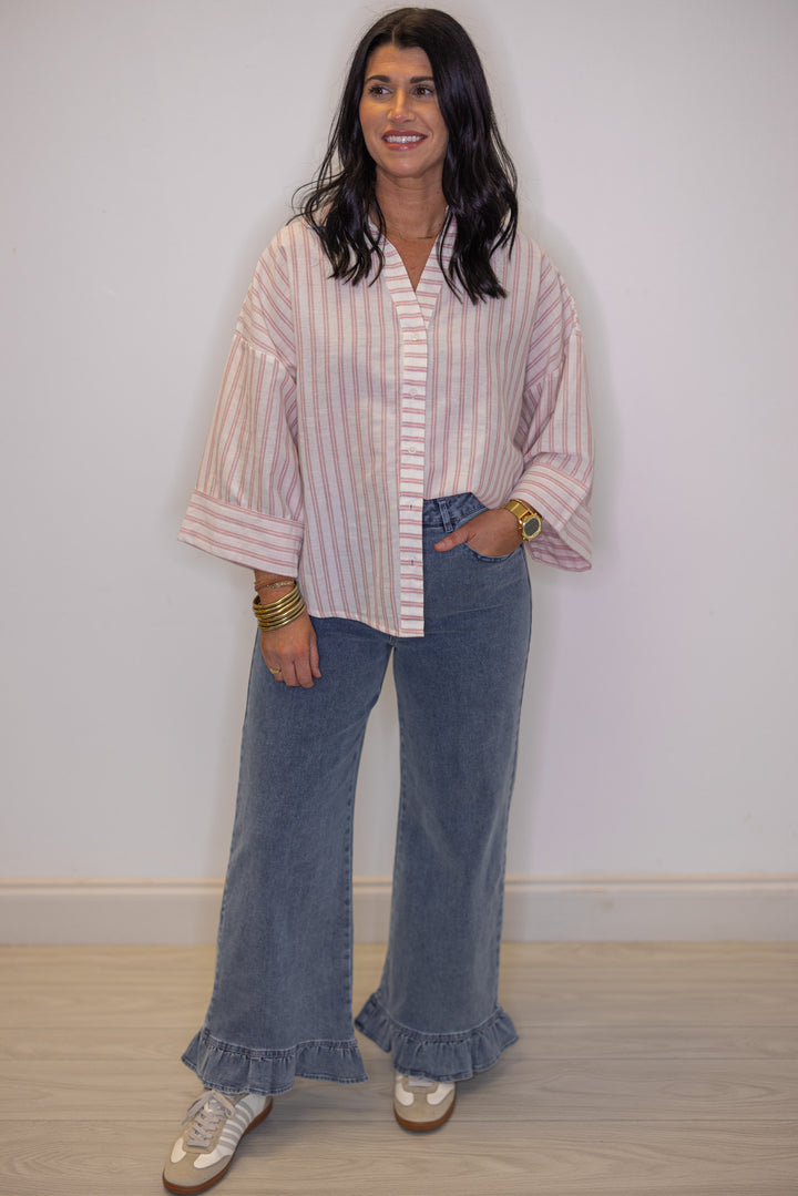 Women's lightweight pink and cream striped button down top