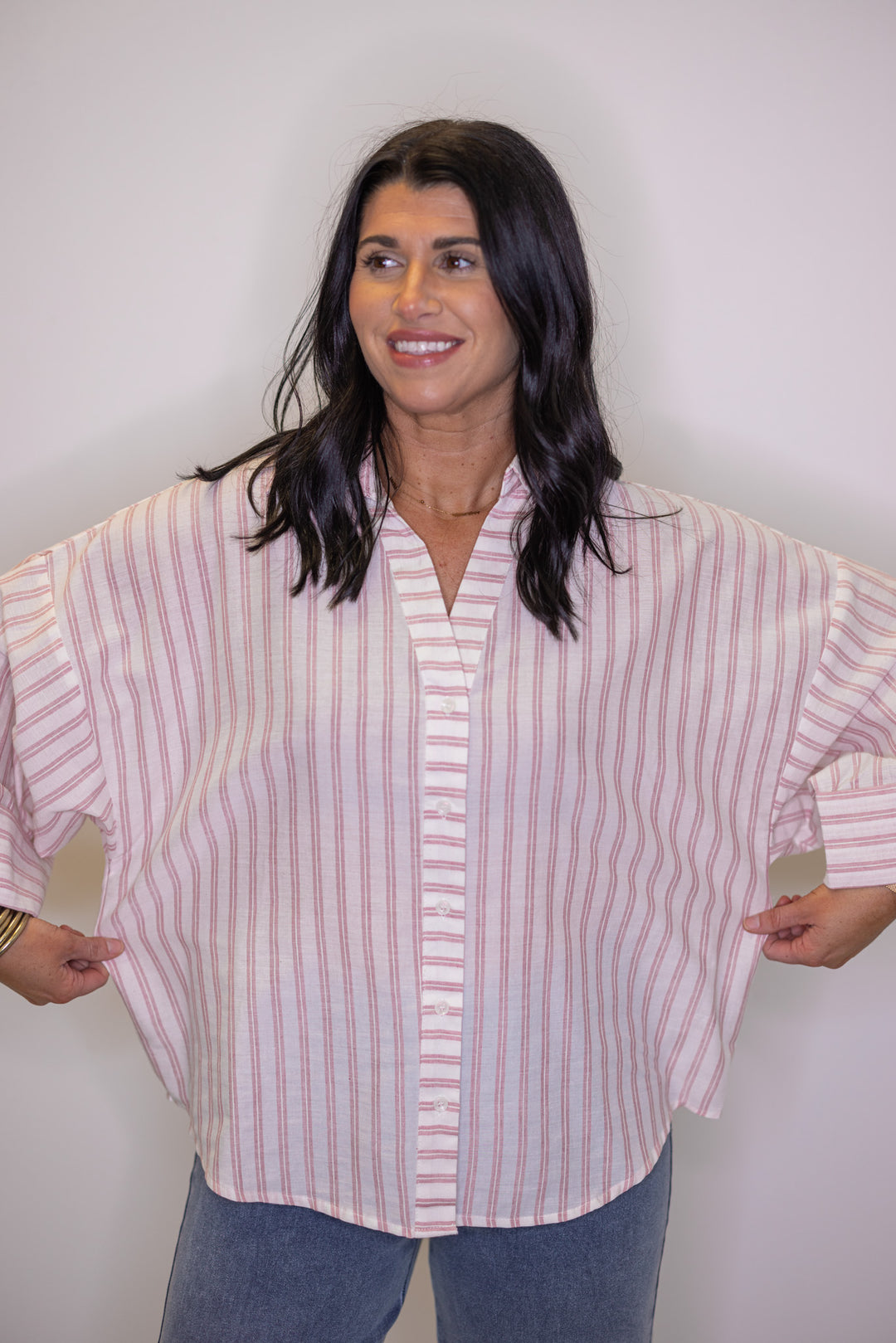 Women's pink and cream striped button down top great for women of all ages