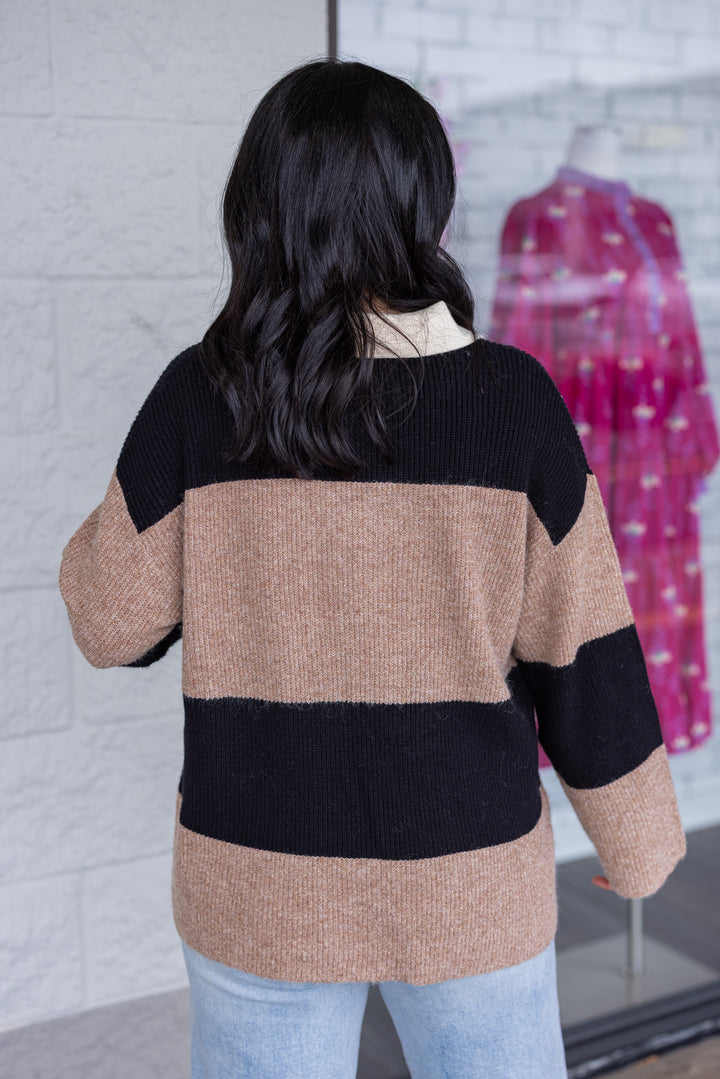 Women's khaki and black wide striped polo style sweater with cream collar by Blu Pepper showing up close back view