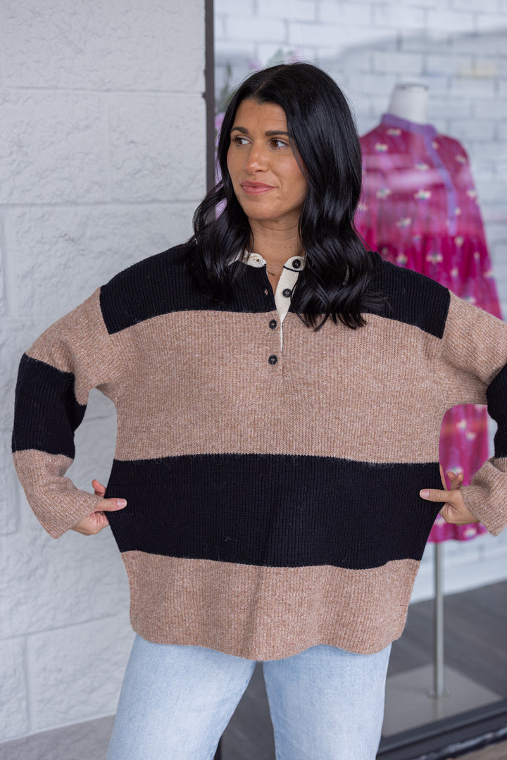 Women's khaki and black wide striped polo style sweater with cream collar by Blu Pepper showing true to size fit