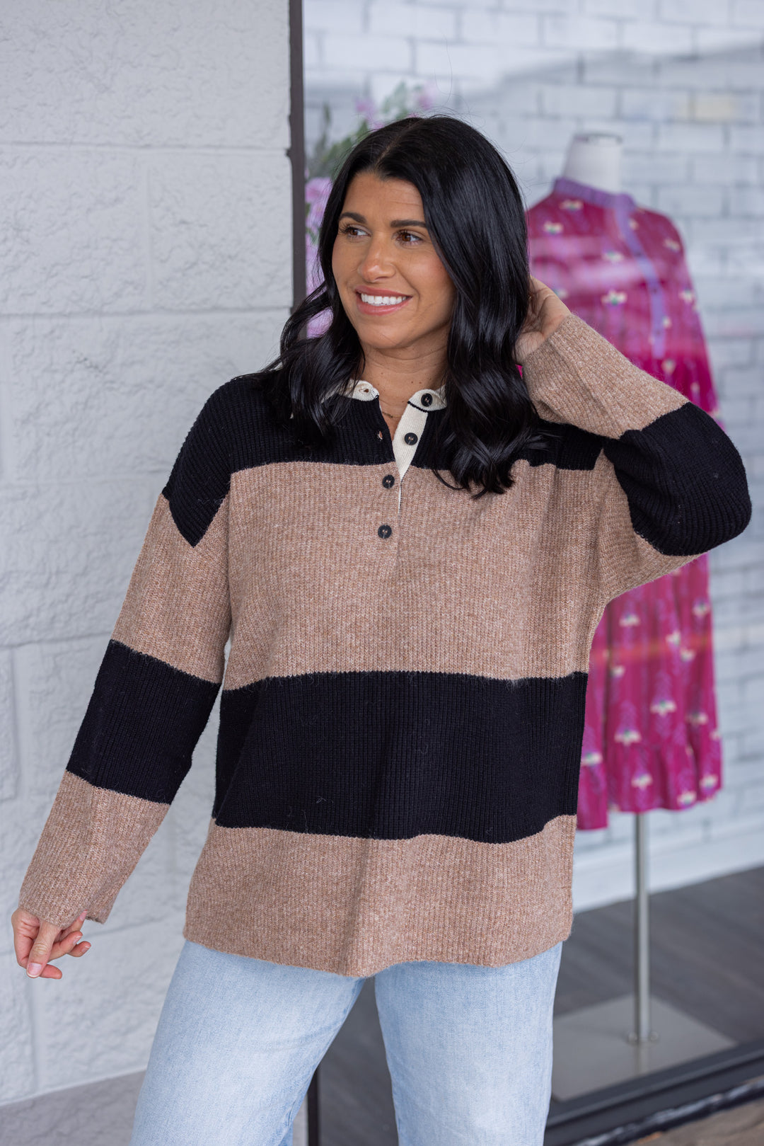 Women's khaki and black wide striped polo style sweater with cream collar by Blu Pepper