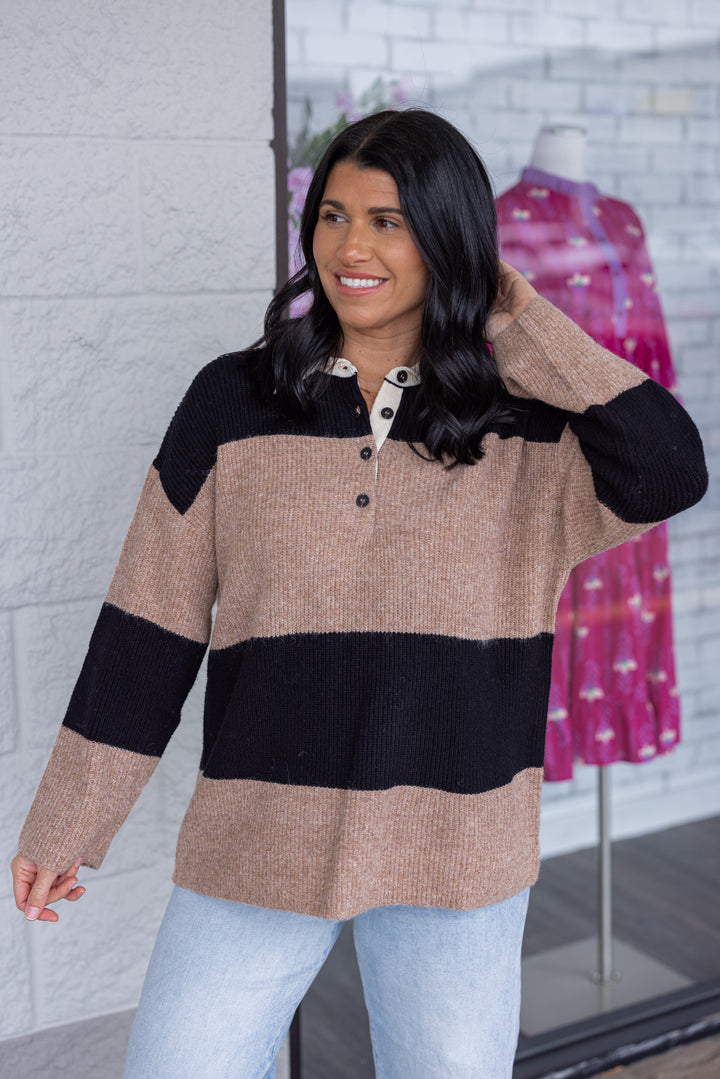Women's khaki and black wide striped polo style sweater with cream collar by Blu Pepper