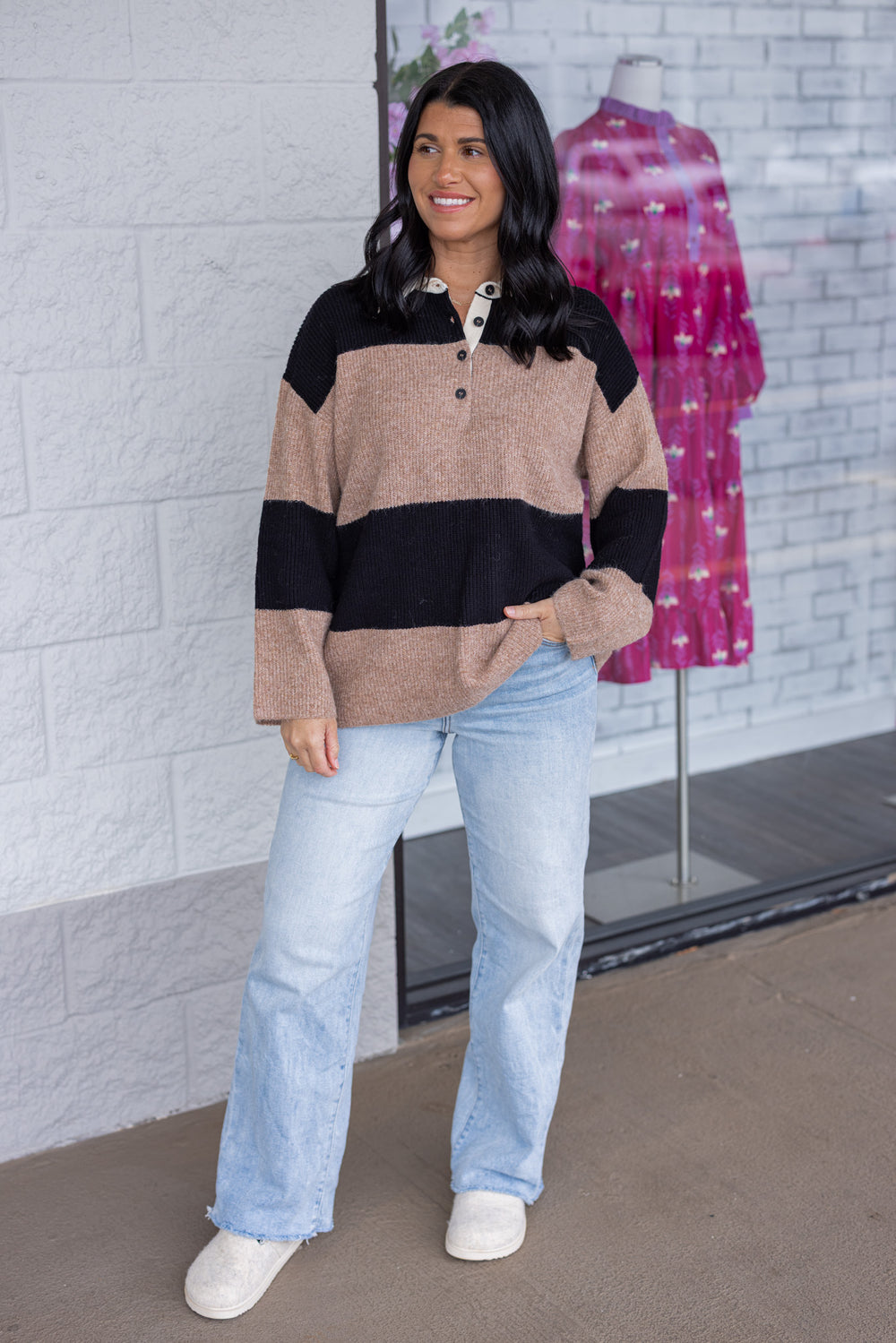 Women's khaki and black wide striped polo style sweater with cream collar by Blu Pepper showing full front view