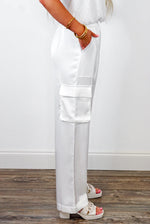 trendy white satin bride cargo jogger pants