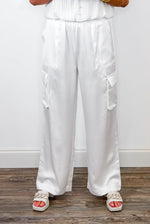 trendy white satin bride cargo jogger pants