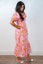 pink tropical print summer midi dress