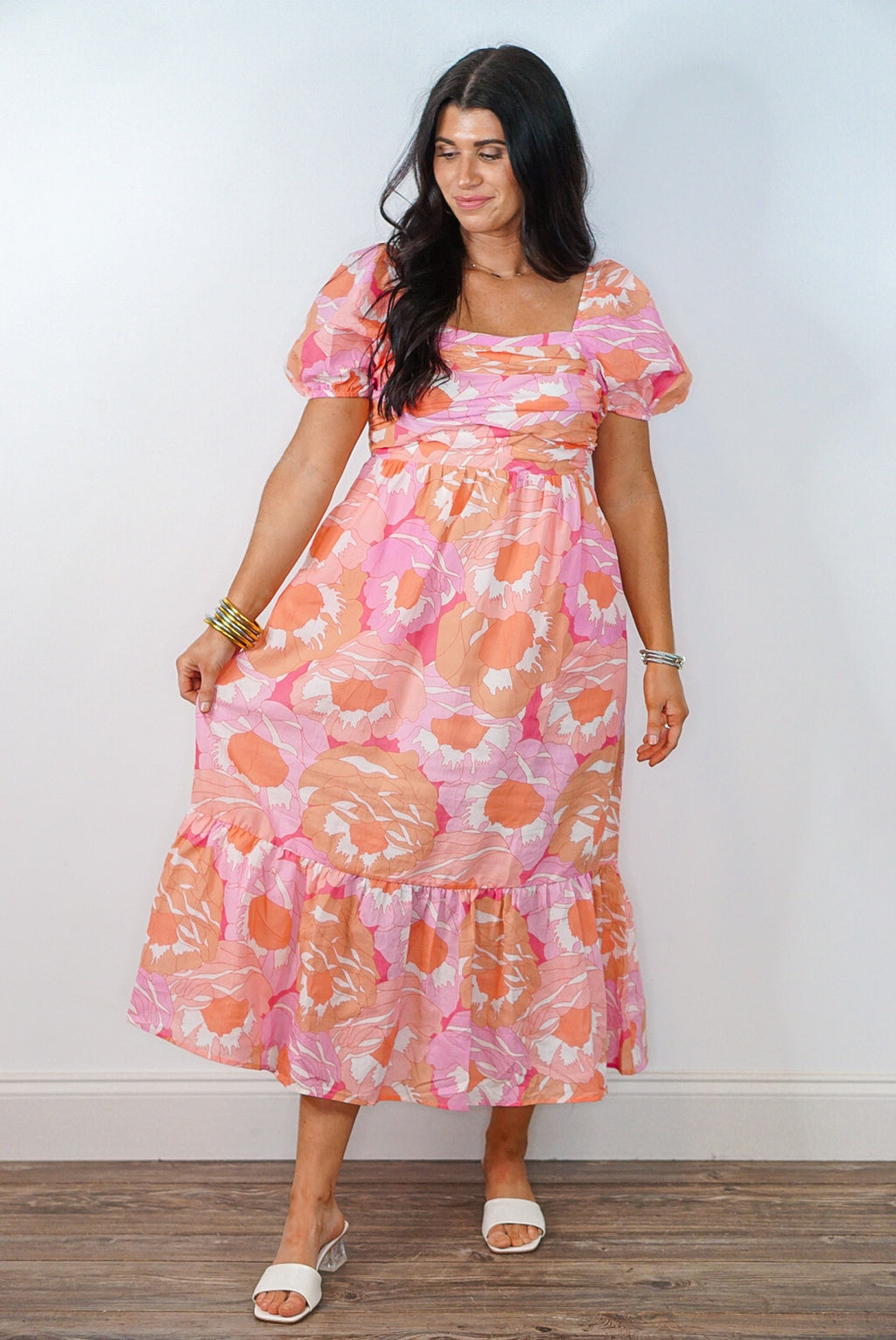 pink tropical print summer midi dress
