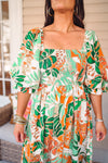 tropical print smocked midi dress