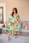 tropical print smocked midi dress