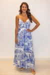 blue white coastal printed maxi dress