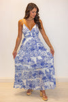 blue white coastal printed maxi dress