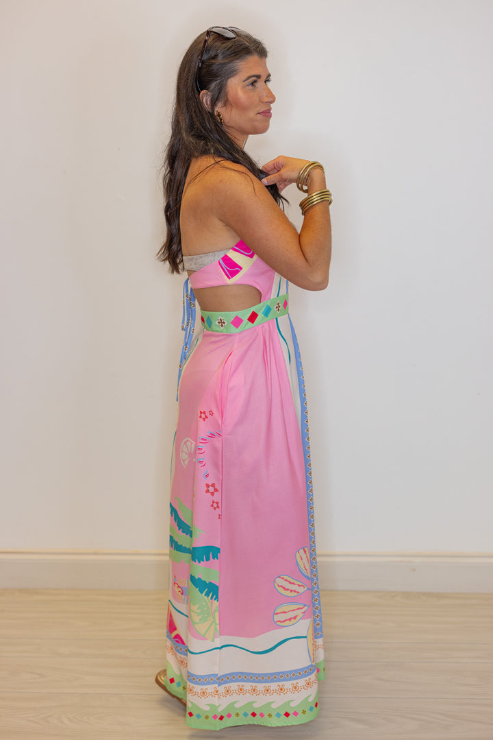pink tropical printed halter maxi dress