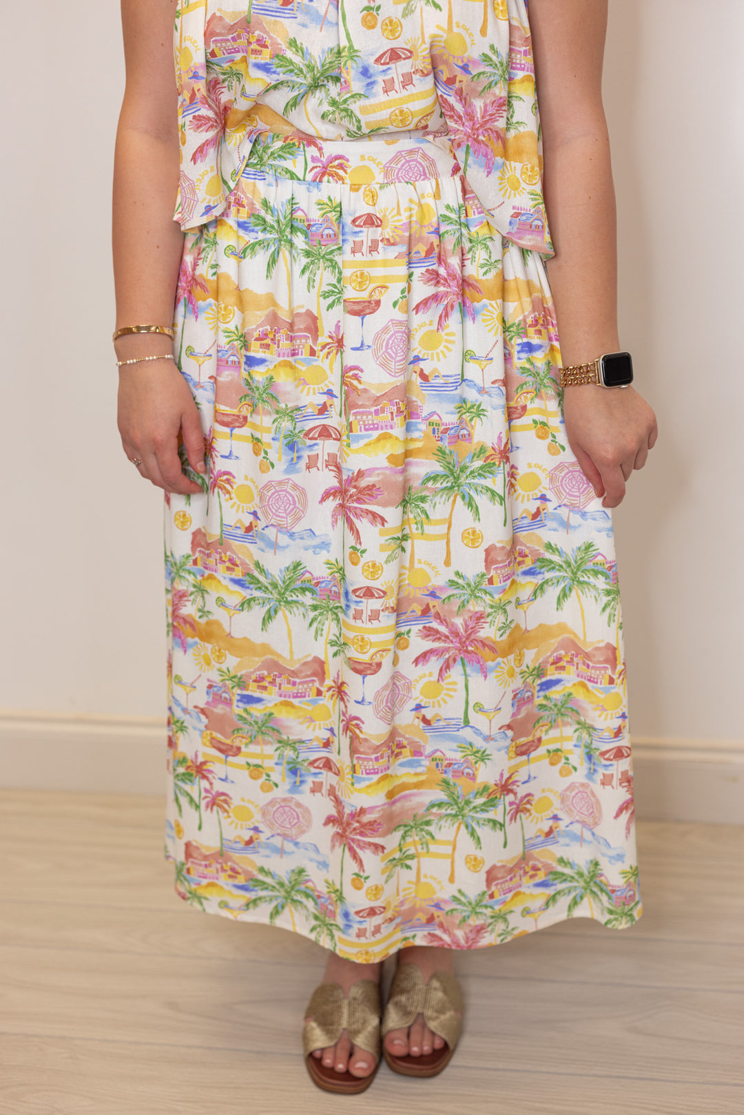 tropical beach landscape printed matching skirt top set