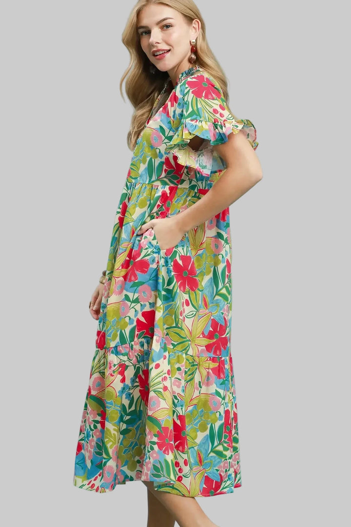 Umgee  floral printed midi dress with side pockets