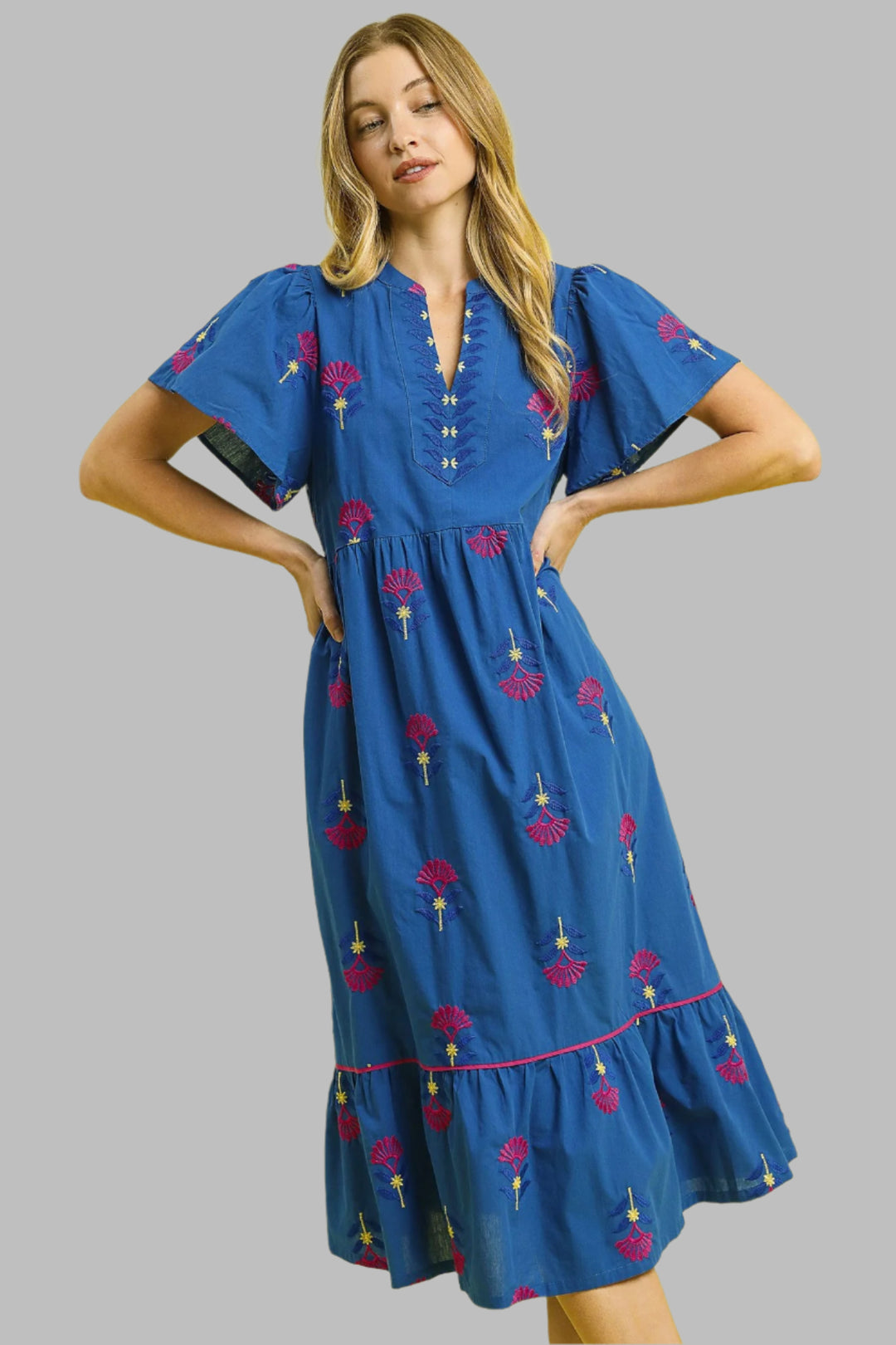 Umgee Floral Embroidered Blue Dress Small Umgee Floral Embroidered Blue Dress Small