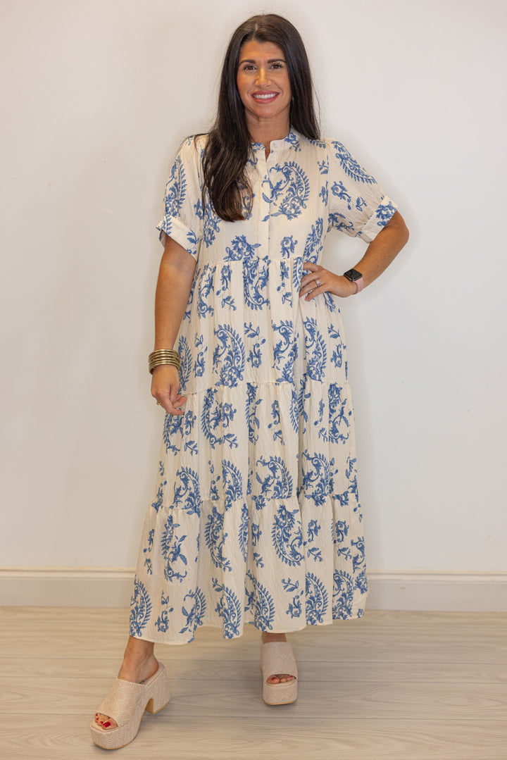 umgee blue paisley printed midi dress