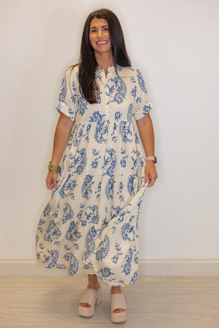 umgee blue paisley printed midi dress