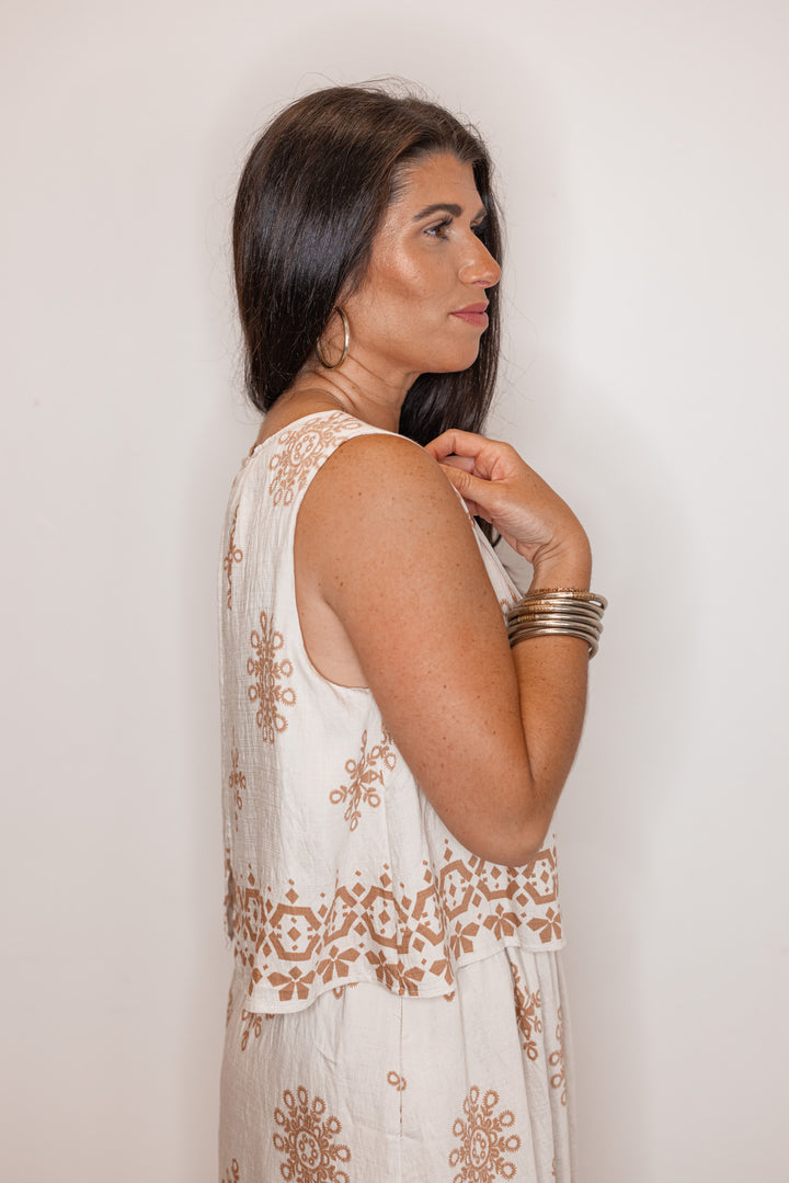 umgee linen ivory tan boho printed midi dress