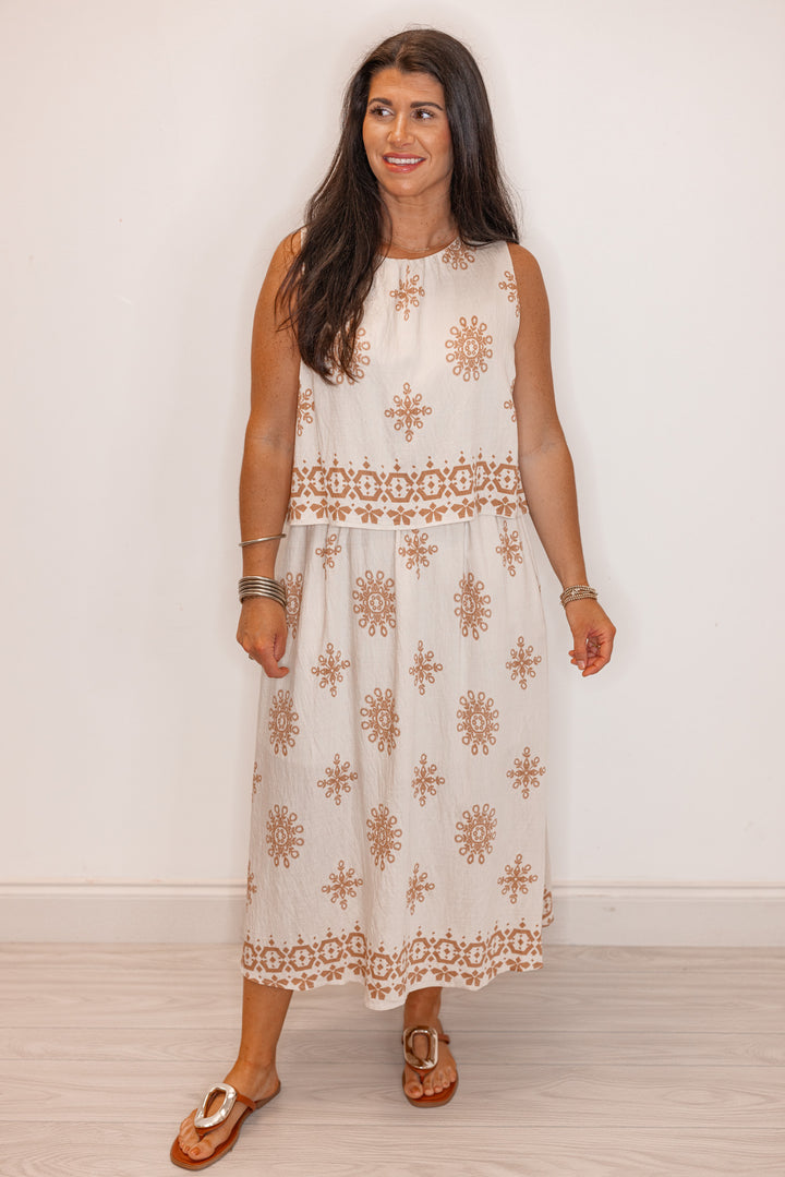 umgee linen ivory tan boho printed midi dress