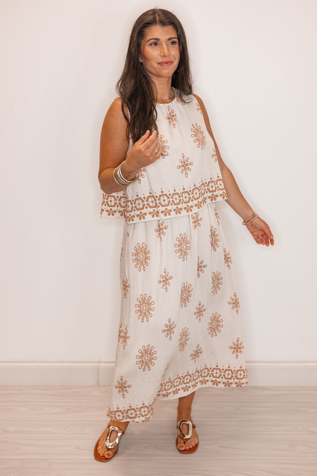 umgee linen ivory tan boho printed midi dress