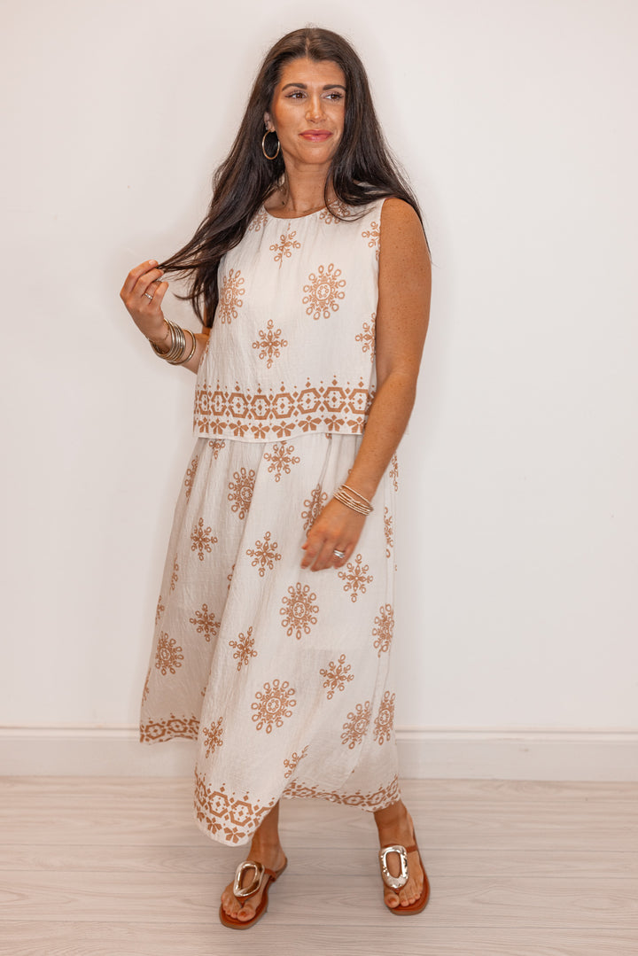 umgee linen ivory tan boho printed midi dress
