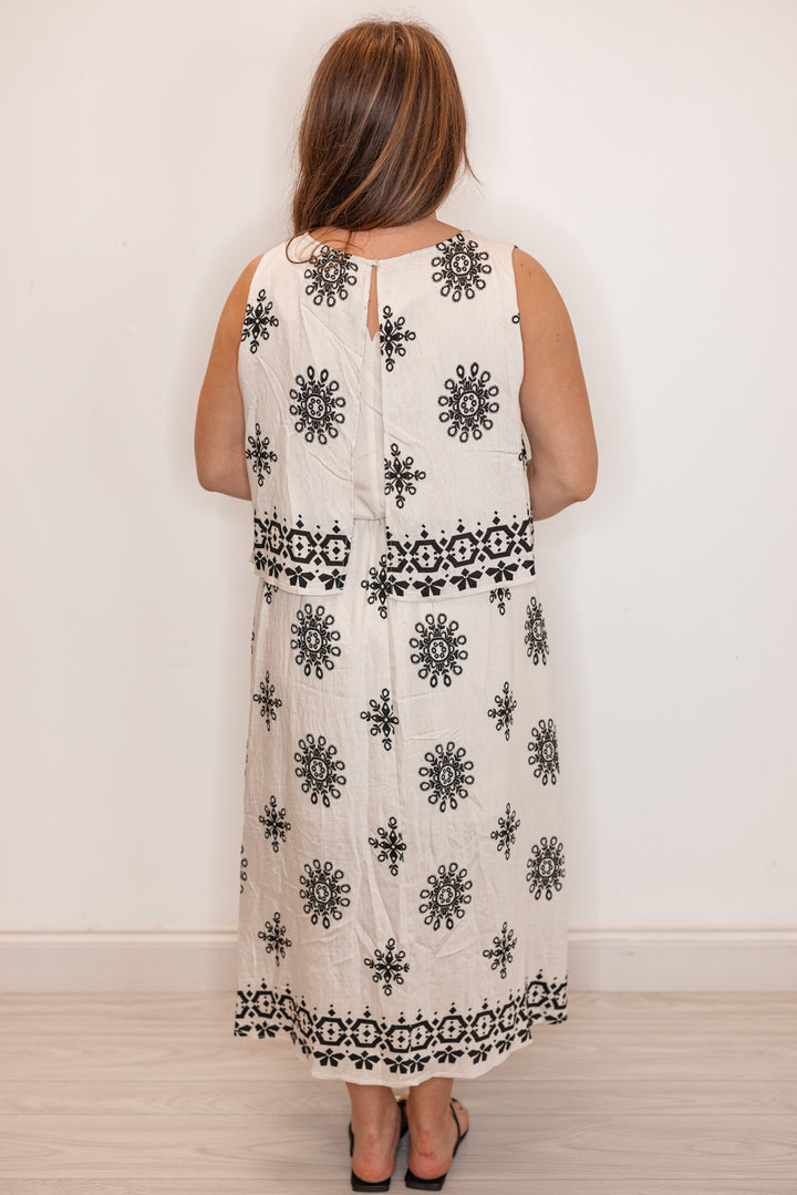 umgee linen ivory black boho printed midi dress