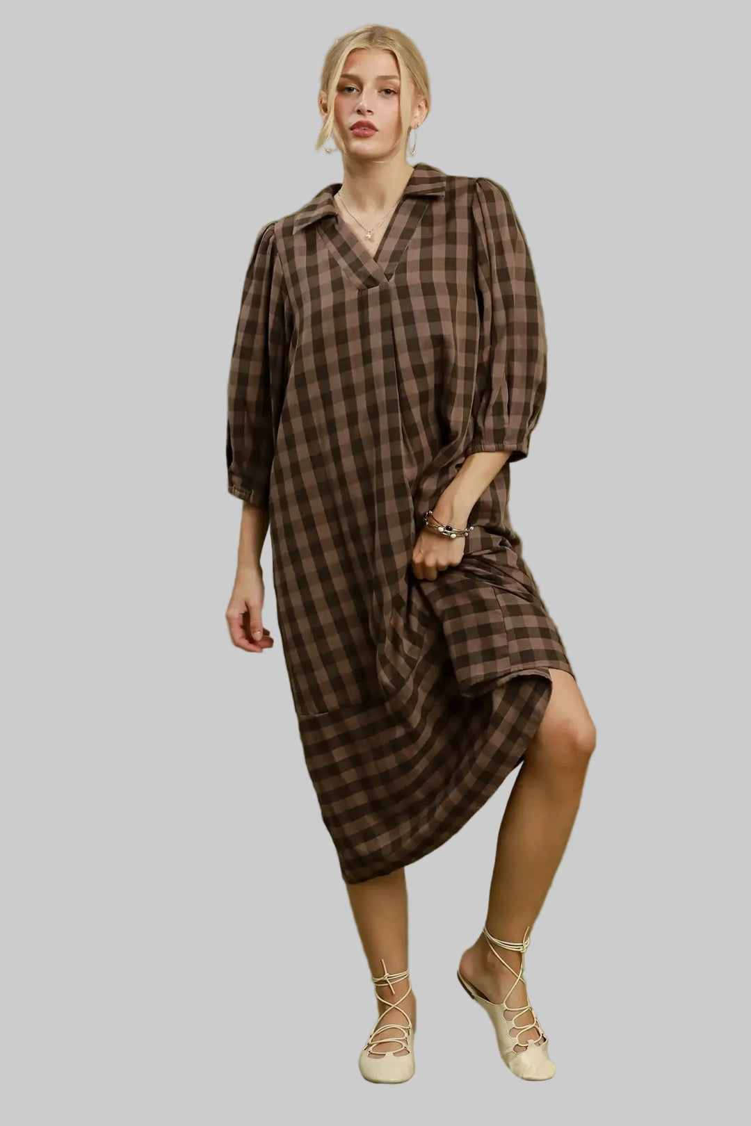 Umgee brown and black plaid midi dress with balloon sleeves