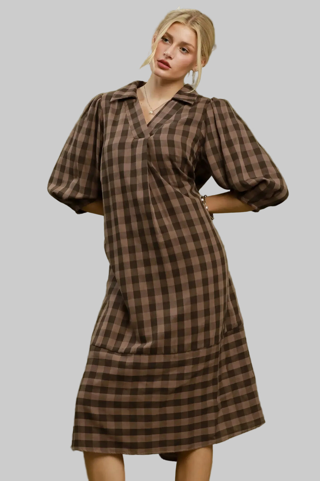 Umgee brown and black plaid midi dress