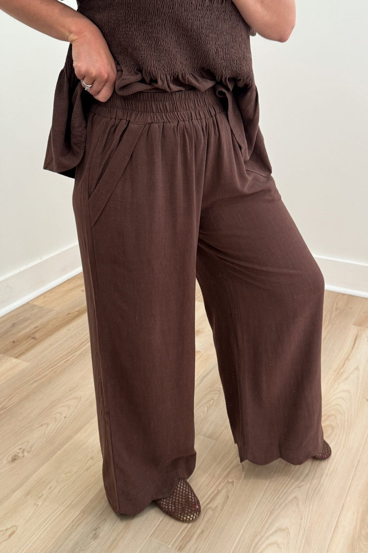 umgee brown scalloped pants set wide legs