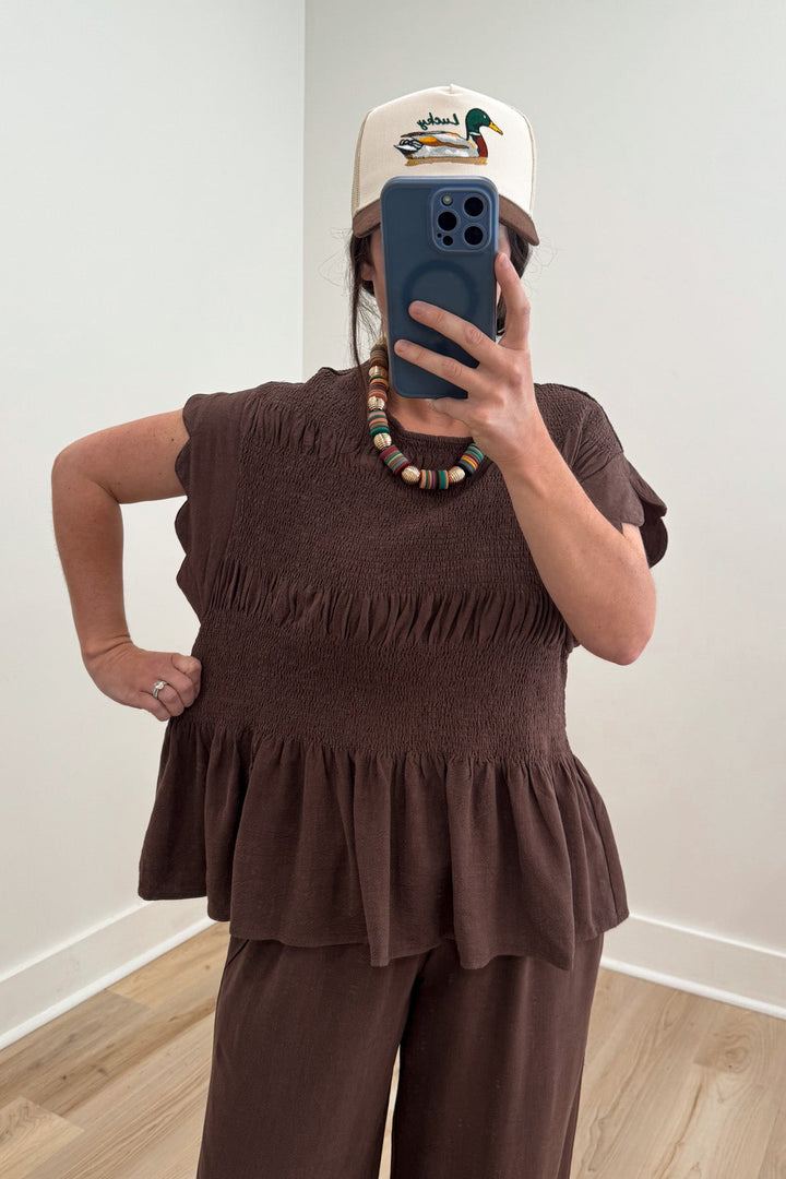 umgee brown scalloped pants set width top