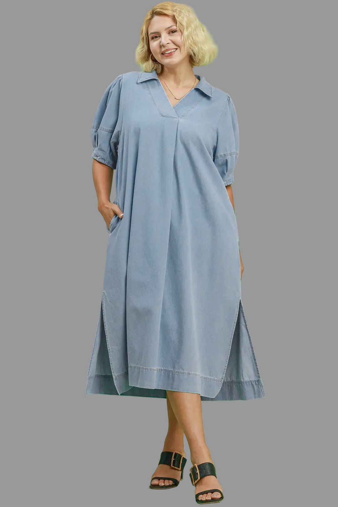 umgee denim dress Mini with Contrast Thread LT. Denim / M Denim Mini DressKey Features Umgee Stone Washed Denim Mini