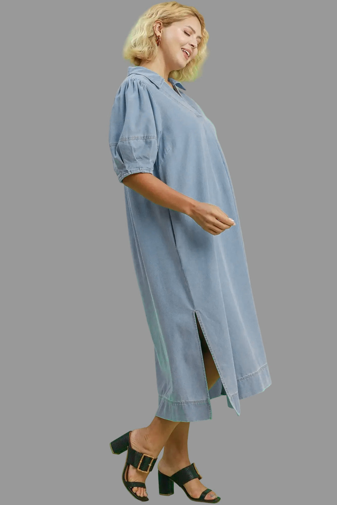 Umgee Plus Size Blue Denim Midi Dress Small