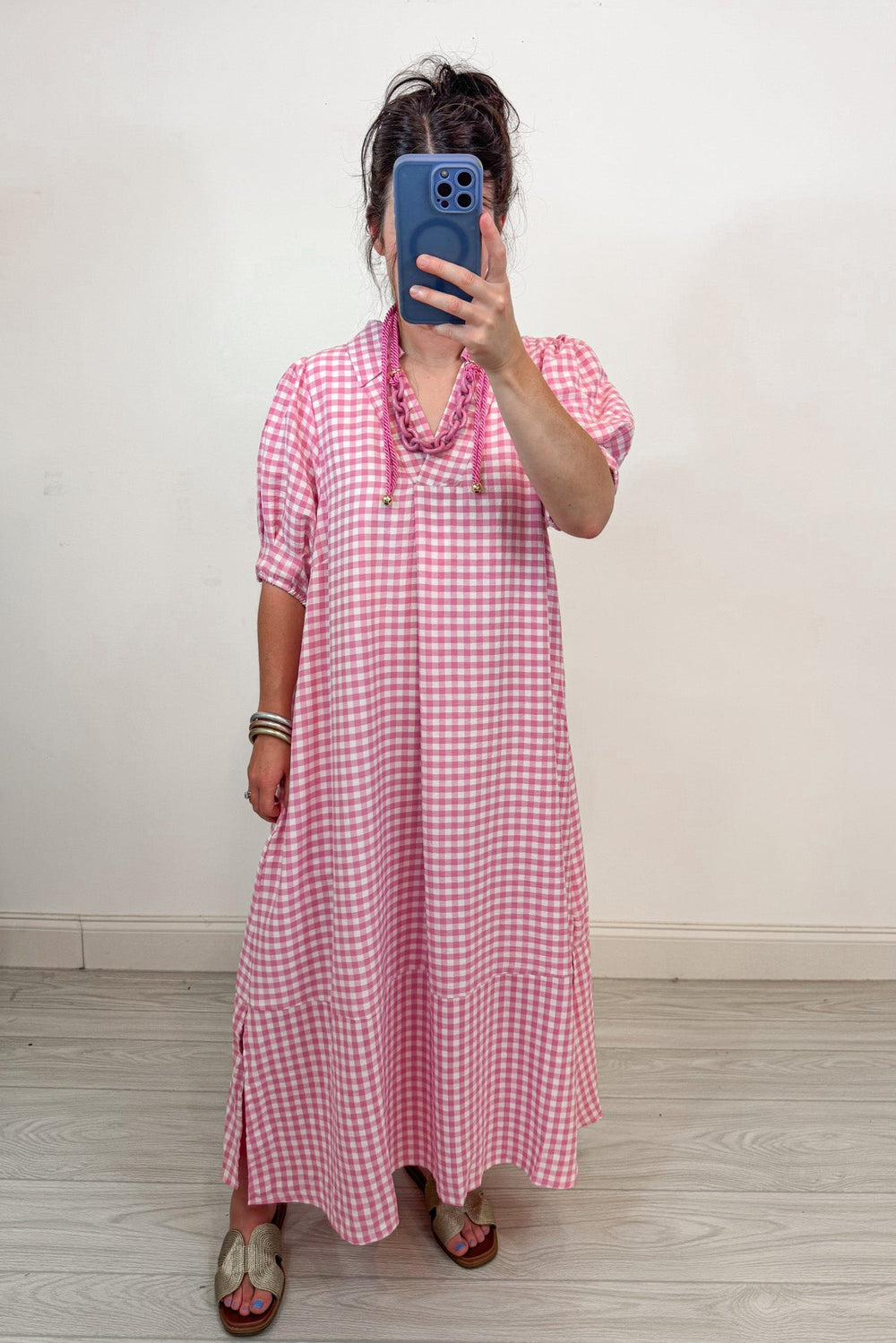 umgee pink gingham midi dress