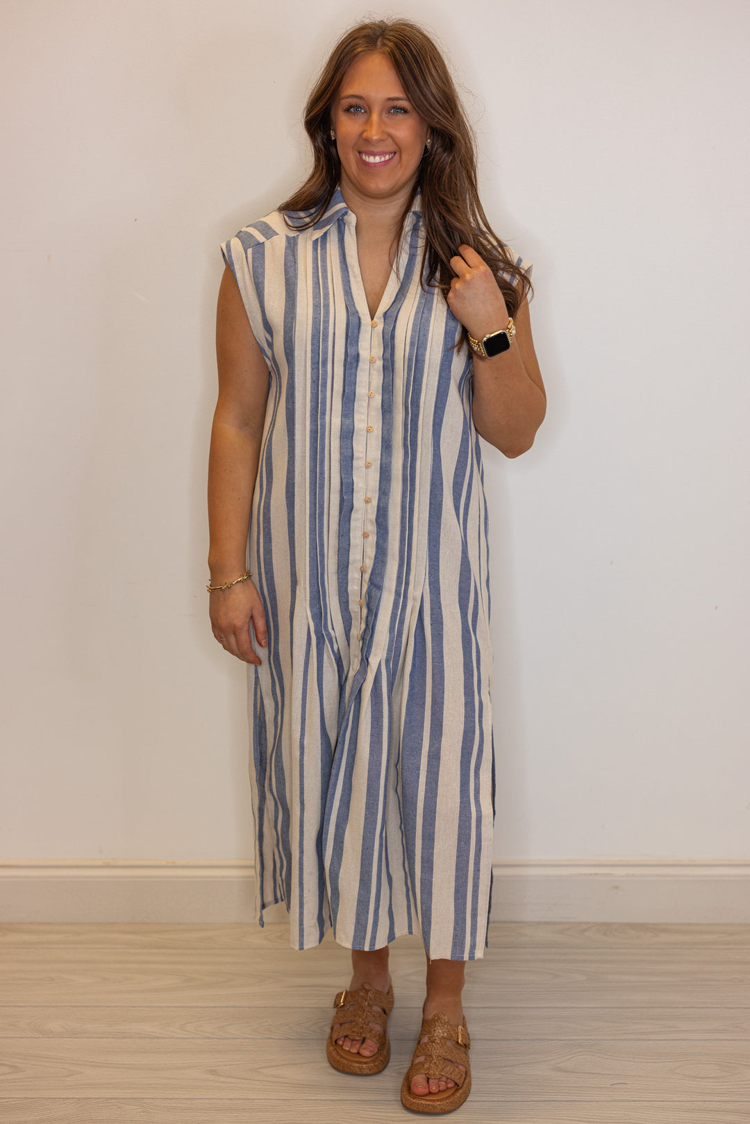 Blue and Cream Striped Linen Midi Dress | Purple Door | Commerce Ga Medium Blue and Cream Striped Linen Midi Dress | Purple Door | Commerce Ga Medium