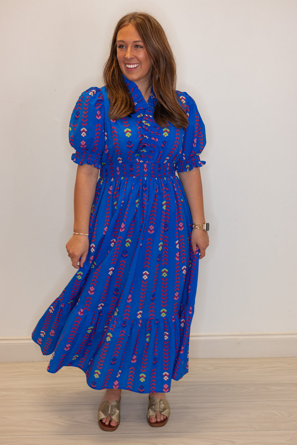 umgee blue petal printed smocked waist midi dress