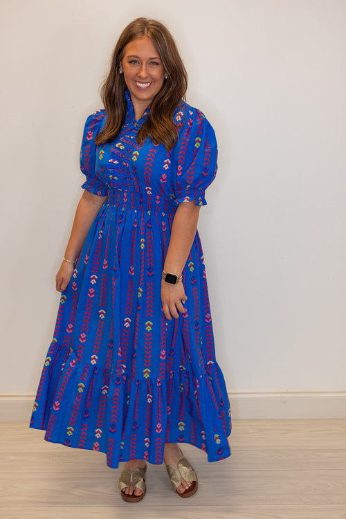 umgee blue petal printed smocked waist midi dress