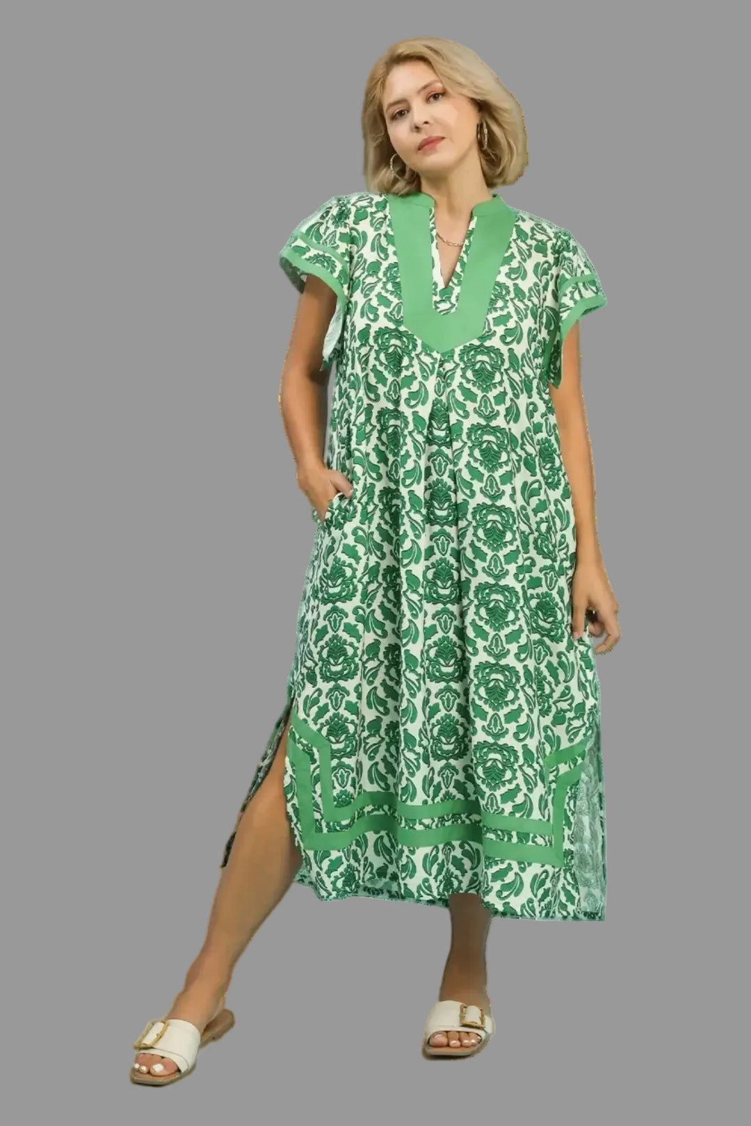 Umgee Plus Size Floral Green Midi Dress XL